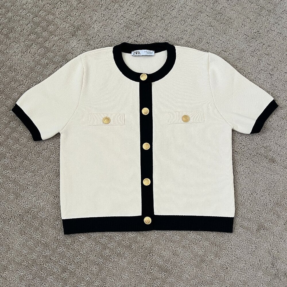Zara Cream Knit Short Sleeve Cardigan Black Trim Gold Buttons Old Money Medium